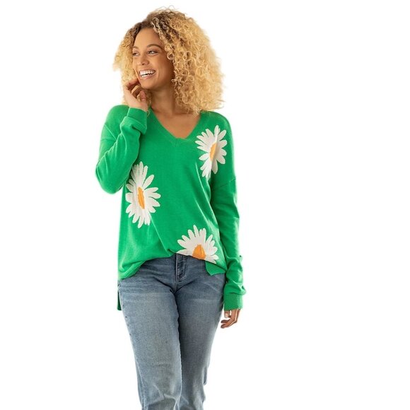 Laurie Felt Cashmere Blend Daisy Print Sweater Size Medium VNeck Long Sleeve - Picture 1 of 9